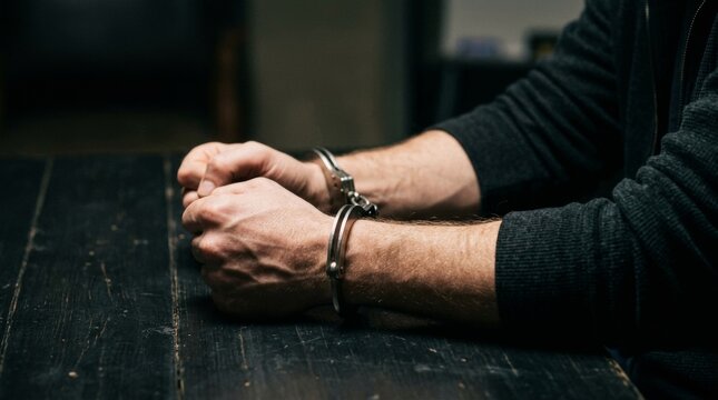 Close up of a suspect in handcuffs during interrogation