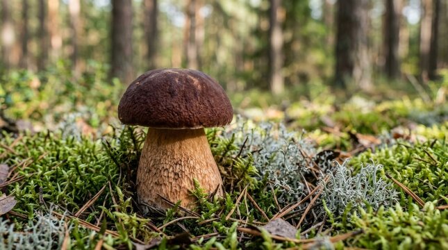 A king bolete mushroom grows in the mossy forest