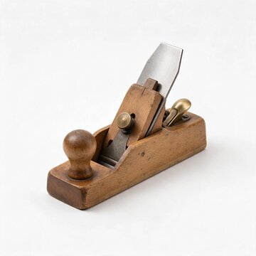 Vintage wooden hand plane with brass adjuster on white background