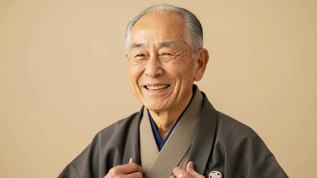 Portrait of a Smiling Elderly Japanese Man in Kimono