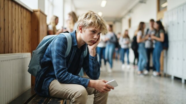 Lonely boy with a backpack and smartphone sitting in a school corridor with blurred classmates.