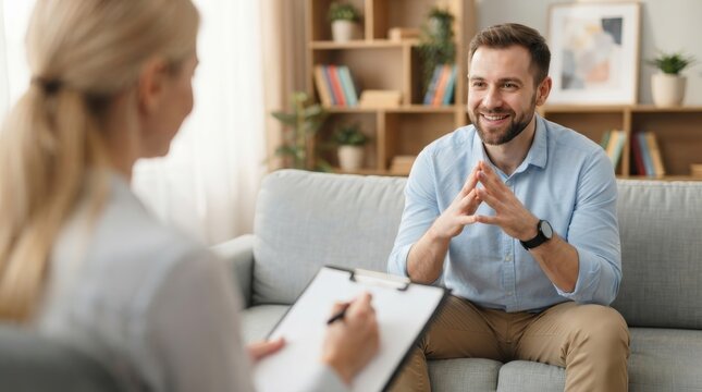 Psychological counseling session featuring a male patient with hands together and a female therapist.