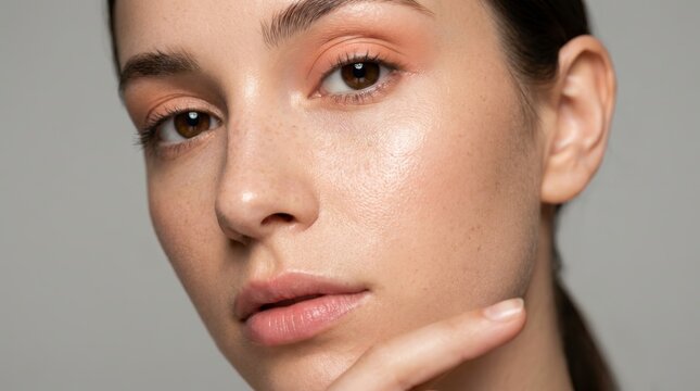 A detailed studio shot of a young Caucasian woman featuring clean skin and brown eyes.