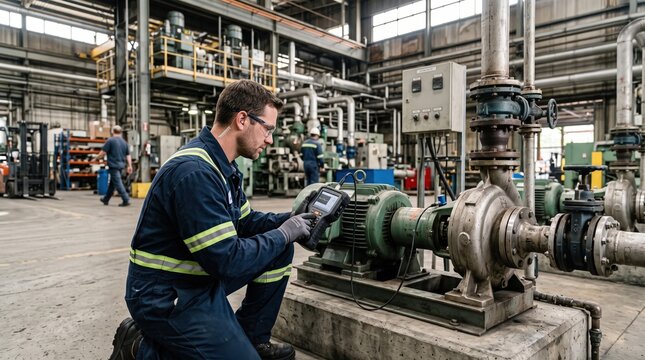 Predictive maintenance technician using vibration sensor equipment on industrial machinery in factory. Industrial IoT technology, equipment monitoring, manufacturing maintenance concept