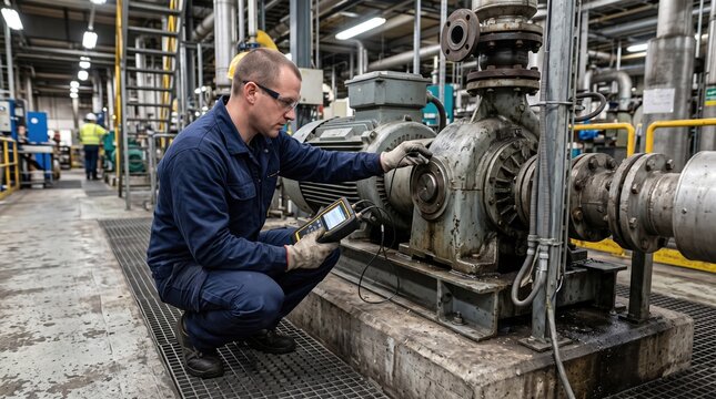 Technician monitoring industrial equipment condition using handheld vibration sensor device in factory. Predictive maintenance workflow, industrial diagnostics, equipment inspection concept