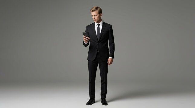 Elegant man wearing a professional black suit and tie while checking his phone.