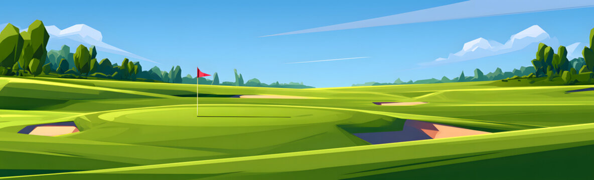A golf course illustration in flat style, featuring bunkers, putting greens, and a flag. This vector art is suitable for use in golf posters, landing pages, and web banners.