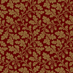 Obraz premium Seamless vector pattern with oak leaves and acorns. Vintage botanical engraving line art background.