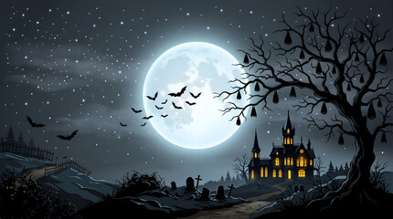 Fototapeta premium Atmospheric Halloween Scene with Haunted House Glowing Full Moon and Flying Bats Illustration