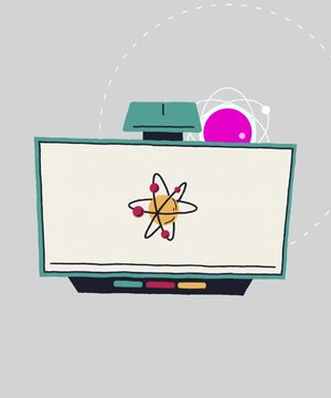 educational monitor with an atom symbol