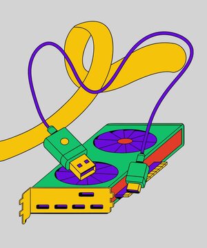 A computer graphics card and a USB cable form a heart