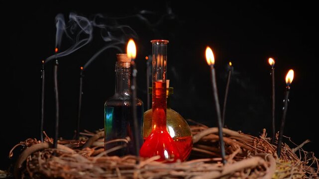 Black candles smoke surround covers potion vials in slow motion. Reading candle smoke ancient divination technique. Rising smoke from candles flames on the wick. Spiritual realm and fortune telling