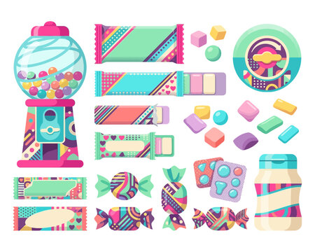 A vibrant collection of various candies, including a gumball machine, wrapped bars, individual pieces, and a jar, all in a colorful, stylized design.