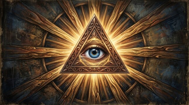 Mystical all seeing eye within an ornate golden triangle
