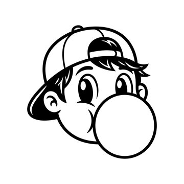 Black and white cartoon illustration of a boy wearing a backward baseball cap and blowing a large bubble gum bubble.