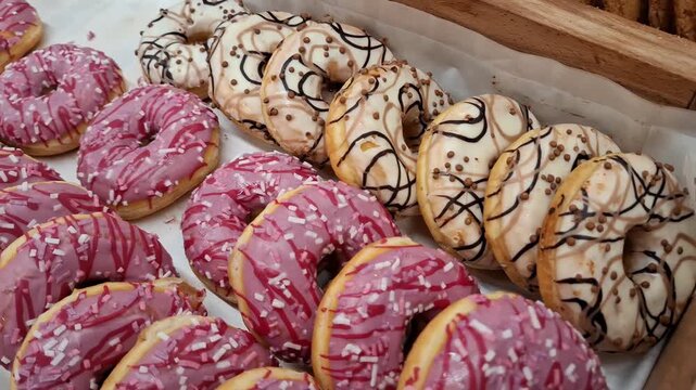 Various glazed donuts with pink and white icing displayed in a bakery shop. sweet donuts, bakery shop, delicious dessert, pastry display.