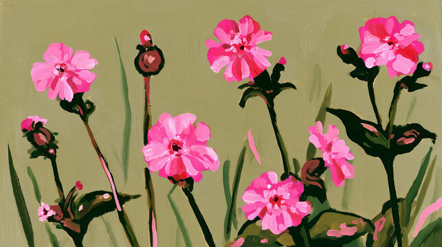Red campion flowers in a vibrant woodland clearing