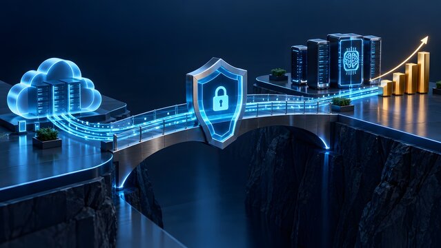 Glowing digital bridge connecting cloud data servers across a chasm through a security shield towards AI processing and financial growth success