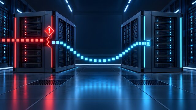 3D illustration of a server room with a severed digital connection and red warning alert indicating network failure or cyber attack