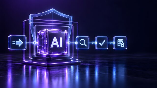 3D illustration of artificial intelligence chip in glowing shield processing secure data pipeline with audit and validation icons