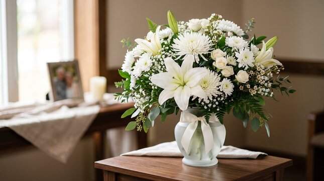 White flower arrangement in vase for memorial funeral service