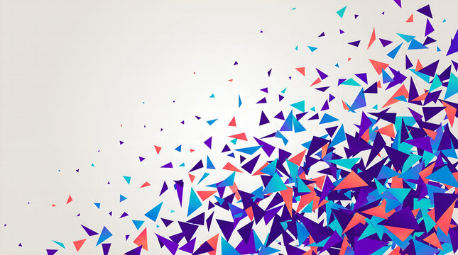 Abstract geometric background with colorful exploding triangles on a light gray surface, ideal for modern graphic design and digital media art