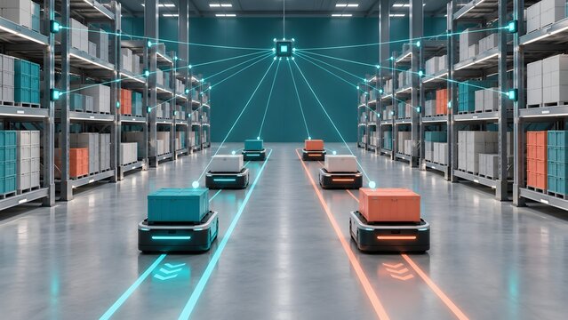 Futuristic automated warehouse interior with autonomous mobile robots transporting cargo boxes along glowing light paths under a central network hub