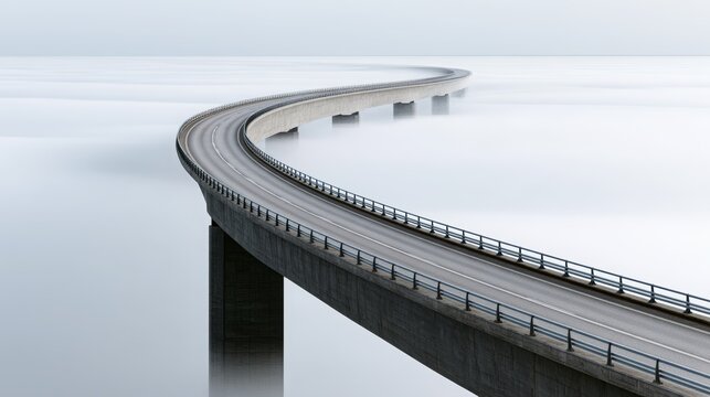 Curved concrete bridge highway extending through dense fog and mist, symbolizing a journey, connection, and path forward into the unknown future with a clear sky above