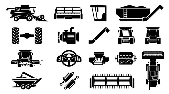 Agricultural Machinery Icons Set Farming Equipment Vector Graphics