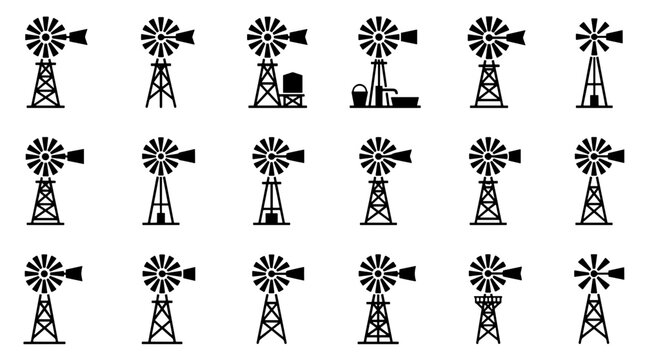 Collection of Windmill Icons and Illustrations for Agricultural and Industrial Use