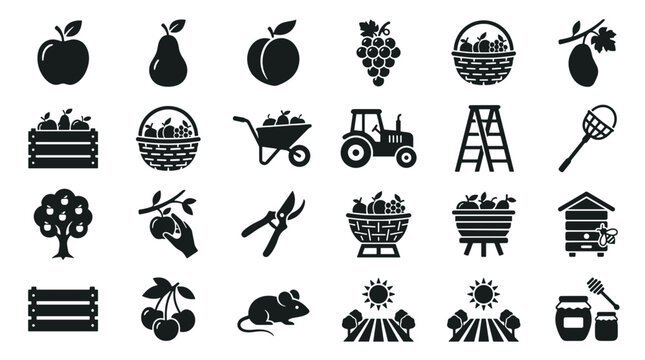 Farm Harvest Icons Set Apple Pear Peach Grapes Basket Wheelbarrow Tractor Ladder Beehive