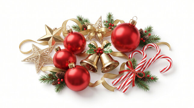 Red Christmas ornaments with candy canes, Festive holiday decoration arrangement, Traditional red and gold Christmas decor, Christmas baubles with greenery, Colorful seasonal ornament composition, Rus