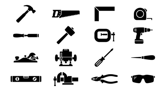Collection of black and white icons representing various carpentry and DIY tools