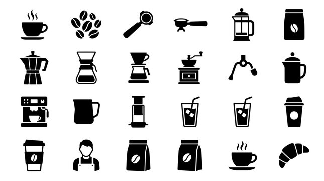 Coffee Icons Set Featuring Brewing Equipment Drinks And Accessories