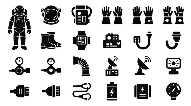 Astronaut Equipment Icons Set Space Exploration Technology Gear Vector