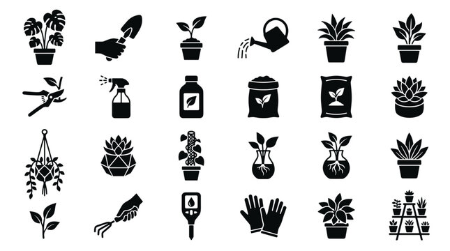 Gardening Icons Set Plant Care Tools And Supplies Vector Illustration