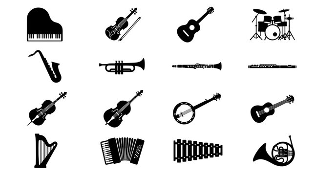 Collection of Musical Instrument Icons Silhouette Vector Art