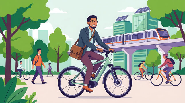 Young professional man riding an electric bicycle to work in a modern city with public transit, flat illustration