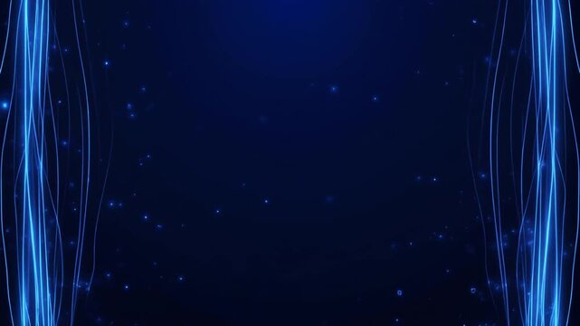 Thin blue luminous lines and glowing particles drifting along edges of dark background with copy space