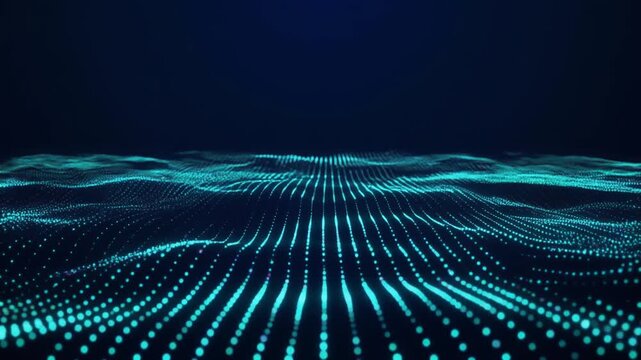 Glowing cyan particles forming smooth flowing 3D digital wave on dark background