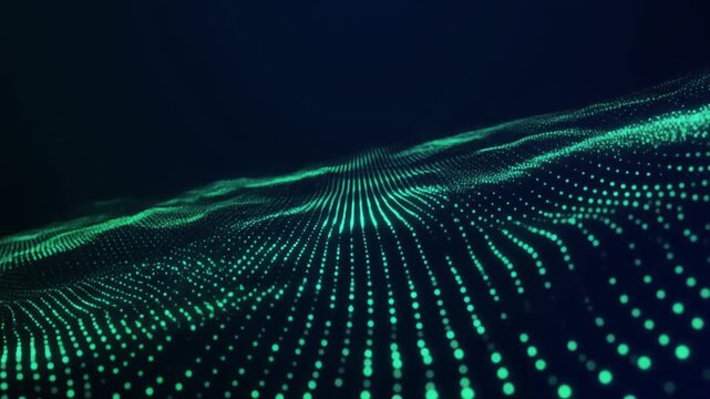 Glowing emerald green tech particles forming 3D data wave on dark background