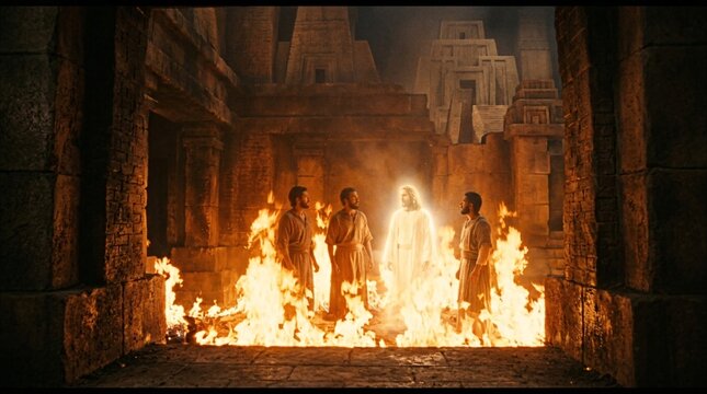 three men in the fiery furnace biblical story with glowing figure - ai generated