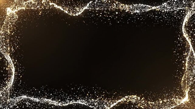 Irregular floating contours of fine gold and white glowing particles on dark background