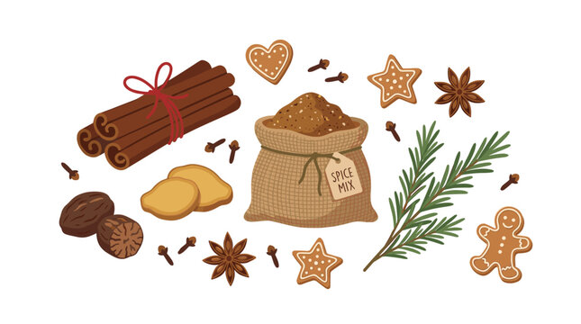 Flat design vector illustration of winter spices, cinnamon sticks, star anise, cloves, nutmeg, ginger, and gingerbread cookies