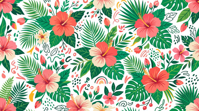 Tropical Floral Pattern with Hibiscus Flowers and Palm Leaves