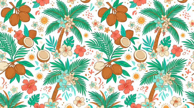 Tropical seamless pattern with palm trees, coconuts, and hibiscus flowers