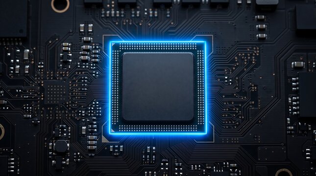 Mother Board Circuitry with Glowing Central Processor Chip for High Tech Computer Hardware Engineering and Digital Semiconductor Microchip Data Computing