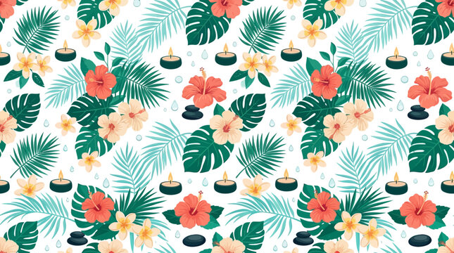 Tropical Spa Pattern: Hibiscus, Plumeria, Palm Leaves, Candles, Stones