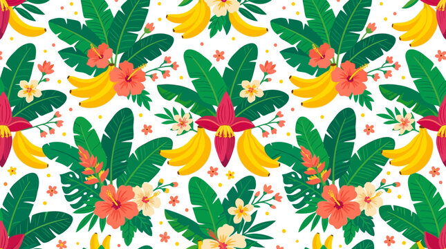 Tropical Summer Pattern: Bananas, Hibiscus Flowers, and Palm Leaves on White