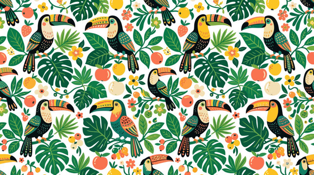 Tropical Toucan Bird Pattern with Jungle Leaves and Fruits, Seamless Repeating Design